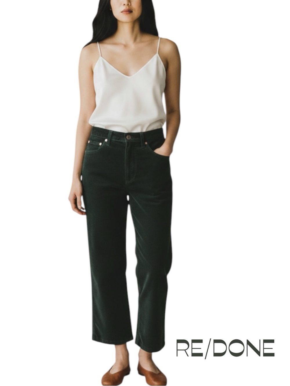 Re/Done Cropped 70’s Wide-Leg Jeans in Dark Green Corduroy NWOT Size 25